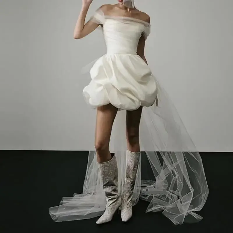 Nuevos Vestidos de novia ligeros y elegantes para mujer, minivestido nupcial blanco Sexy con cola de malla, Vestidos de fiesta de lujo para novia