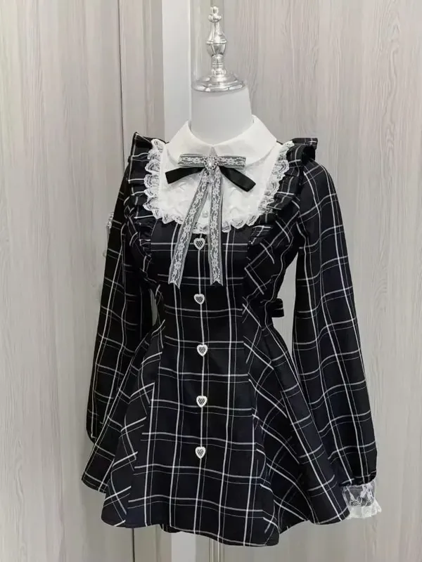 Japanese E-girl Gothic Vintage Dress Women Half High Neck Short Sleeve Bow Lace Mini Dress Cinch Waist Sweet Spicy Black Dress — image 5