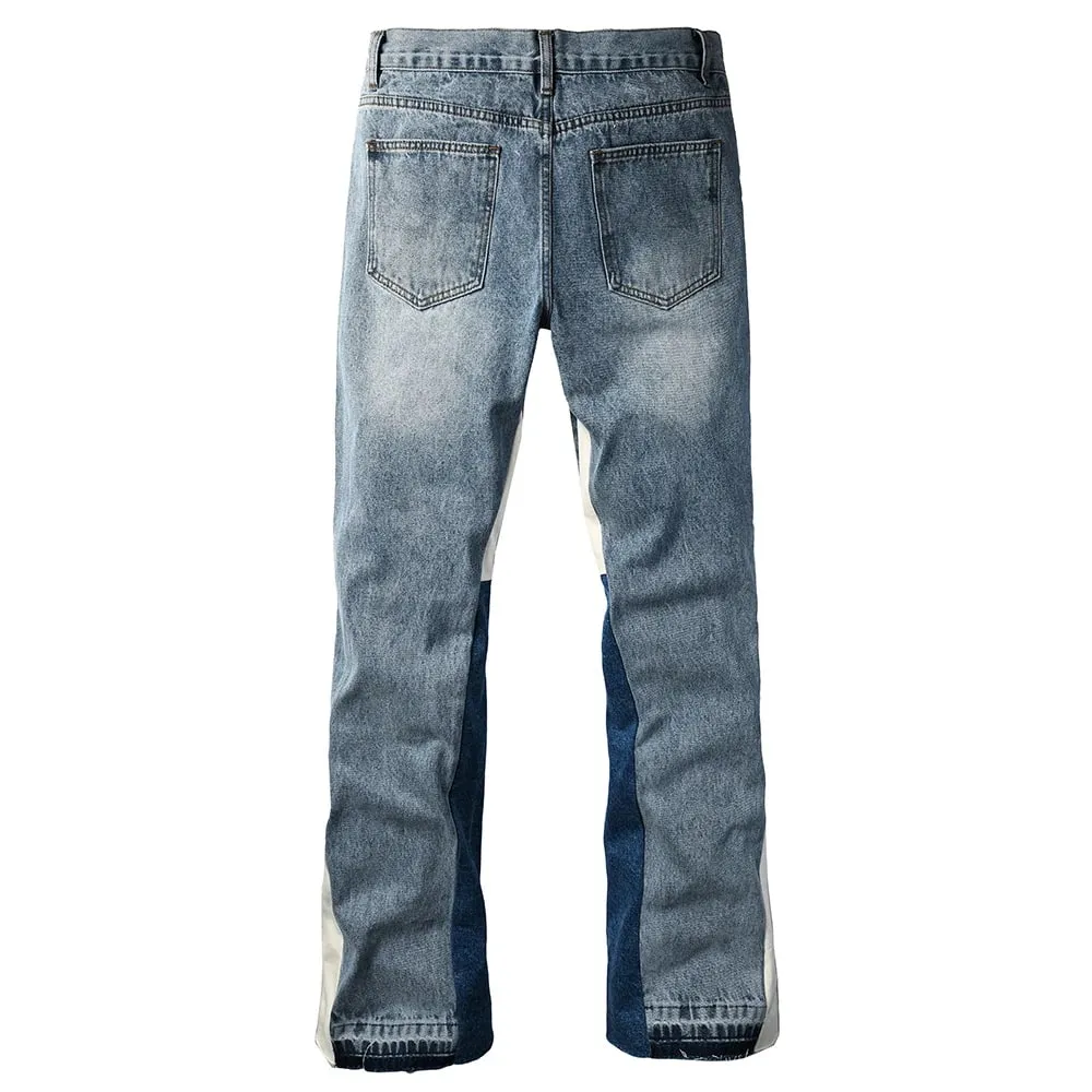 Men Spliced Flared Denim Jeans Patchwork Boot Cut Pants Streetwear Contrast Color Released Hem Blue Trousers