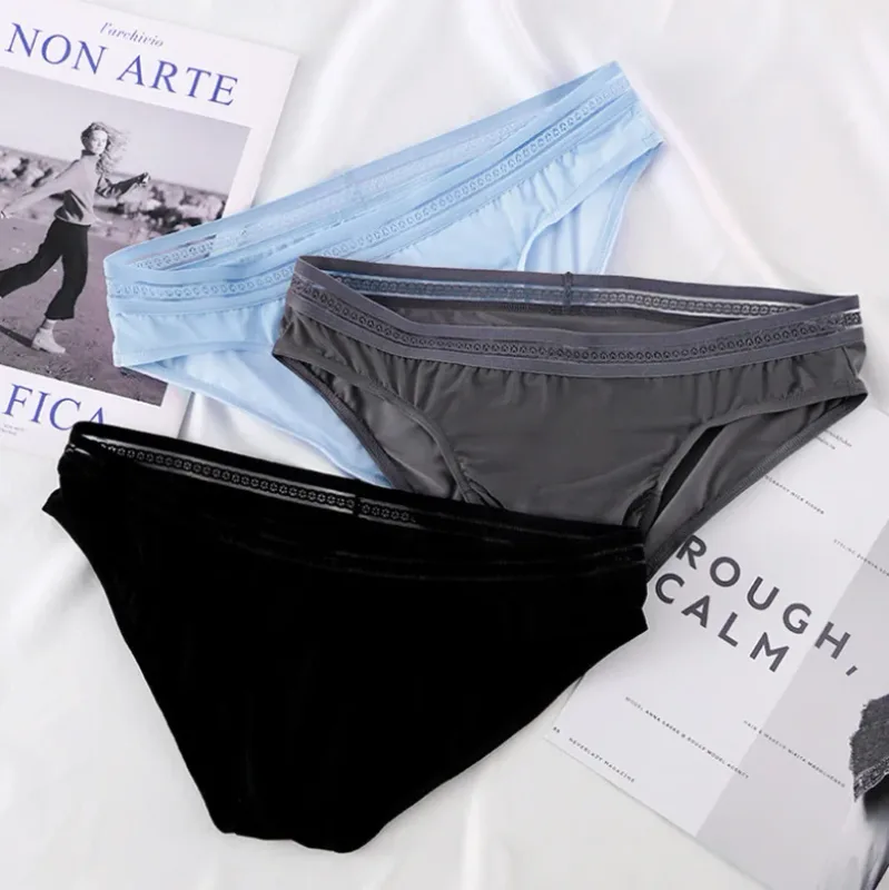 1/3PCS Men's Ice Silk Briefs Ultra-thin Quick Dry High Elastic Lace Waistband Panties Sexy Seamless Breathable Bikini Underwear