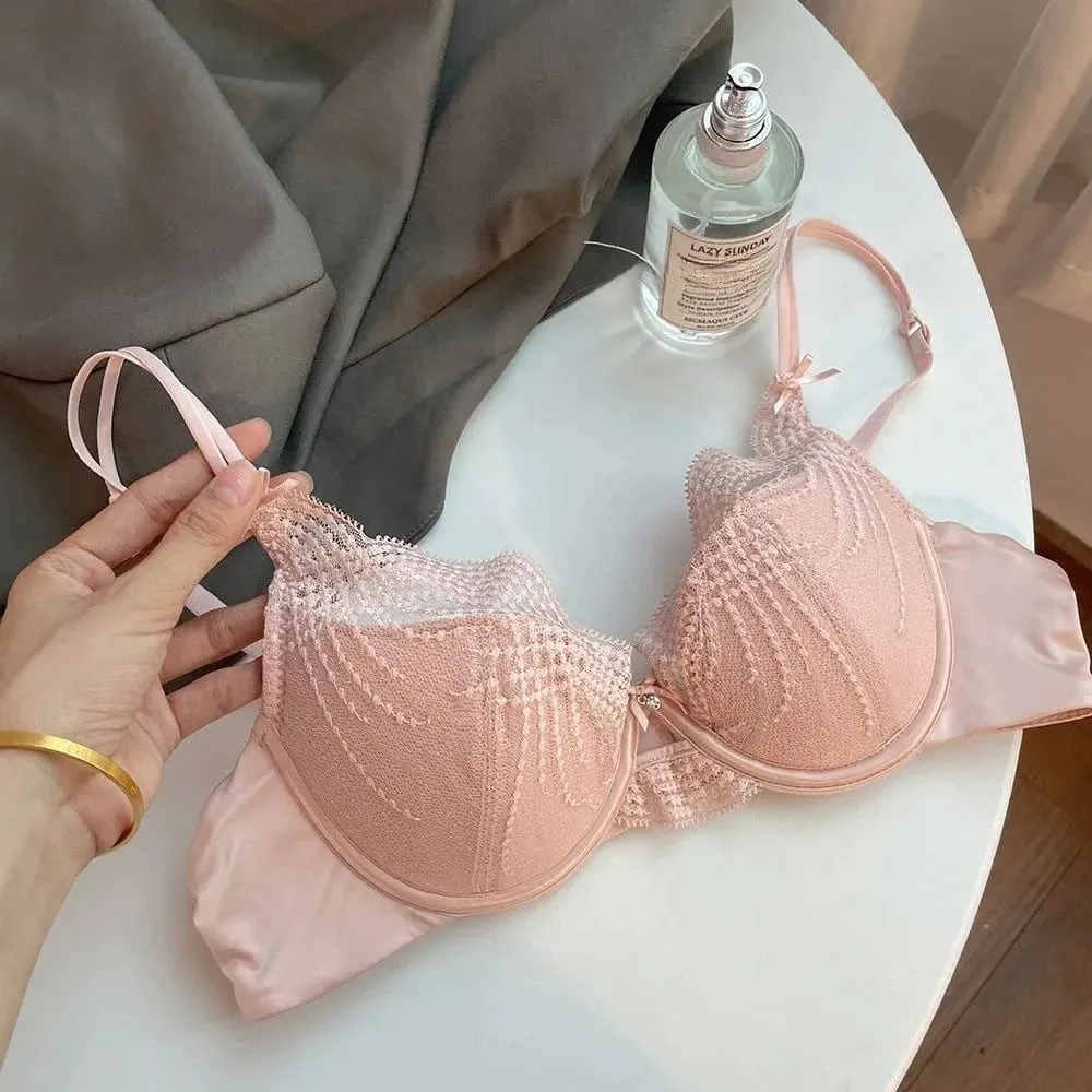 Ladies Lace Lingerie Set Pure Desire Aesthetic Deep V Thin Straps Thin Cup Soft Underwire Push‑Up Bra Underpants S-XL