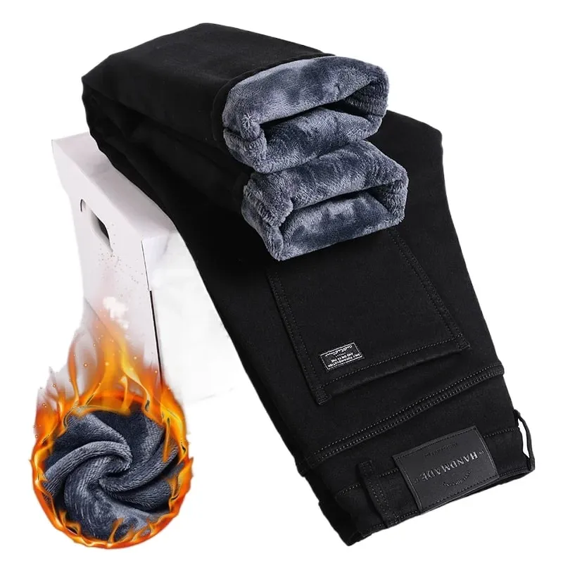 2027 New In Slim Straight Elastic Denim Winter Fleece Thick Warm Jeans Men's Pants Casual Male Clothing Fashion Plush Trousers