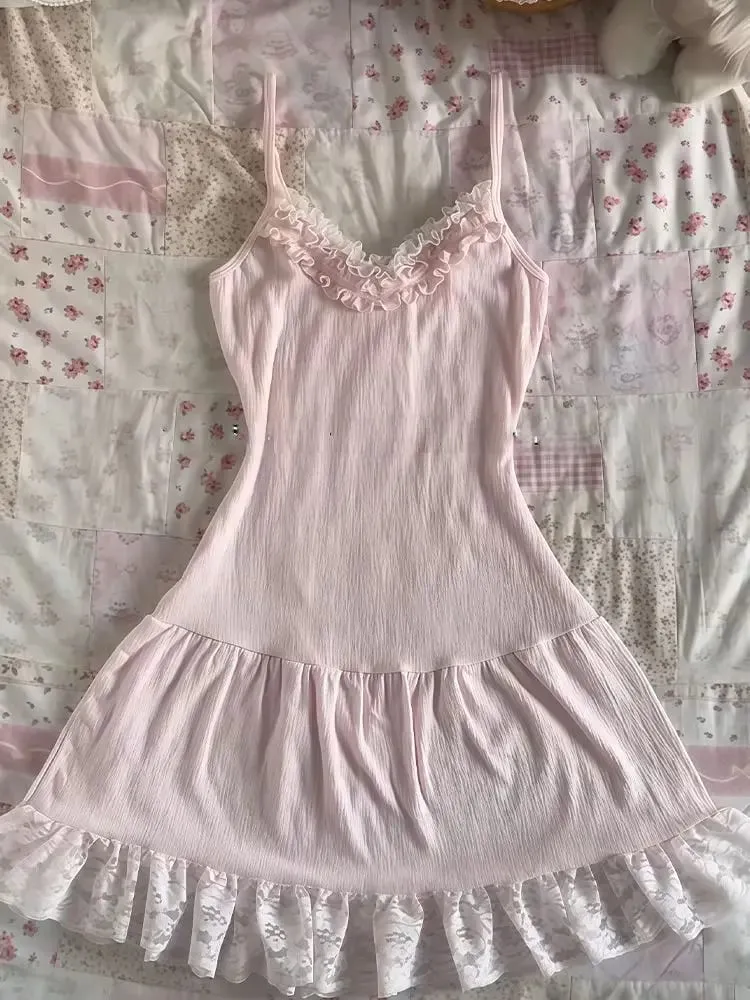 Feminino y2k vintage rendas retalhos vestido de duas peças conjunto verão elegante retro cardigan + doce moda sem mangas magro mini vestido