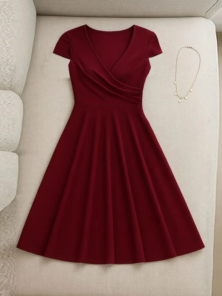 Damen-Kleid, elegant, Rundhalsausschnitt, Sommer, kurzärmelig, einfarbig, A-Linie, knielang, Kleid mit hoher Taille, für Party, Hochzeit, lässiger Abgang