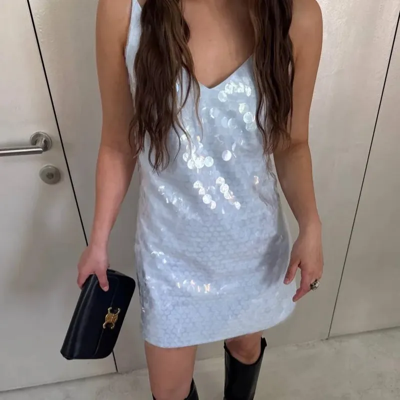 Dames Sexy Backless Korte Jurk met Pailletten Hoge Taille Mouwloze Bodycon Mini-jurken 2026 Strand Vakantie Feest Club Outfits
