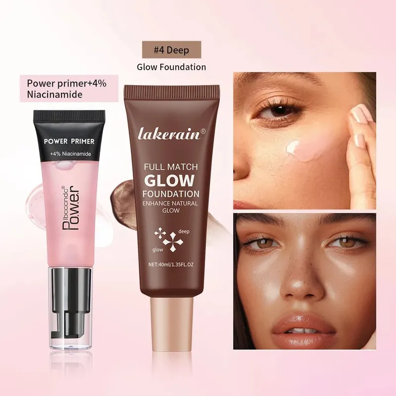 Powder Grip Primer Gel & Glow Foundation Makeup Kit Hydrating Smoothing Skin Lightweight Brighthen Shiny Fase Cosmetics Combo