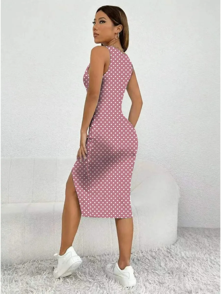Women's Casual Elegant Thick Strap Square Neck Sleeveless Polka Dot Printed Slit Dress Mid-Length Skirt