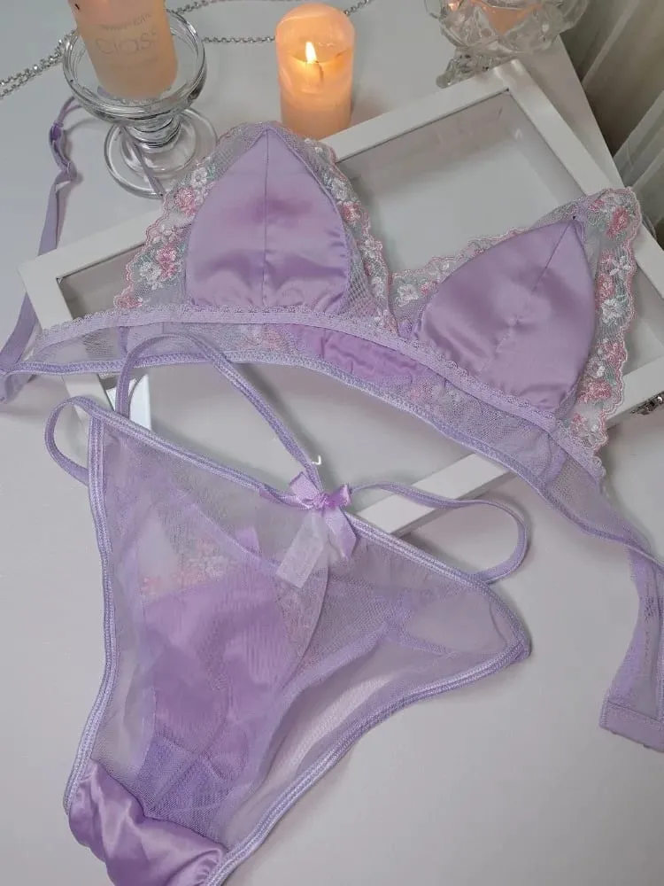 Girls French Bra Thin Triangle Cup Purple Embroidery Light Luxury Silk Sexy Pure Desire Lace Underwear Set