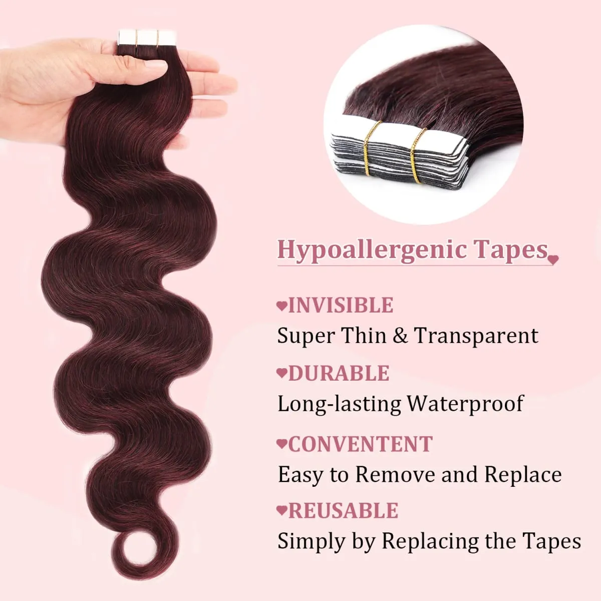 20pcs Seamless Remy Tape in Human Hair Extension #99J Dark Wine Body Wave PU Skin Weft Real Virgin Human Hair Tape ins Extension