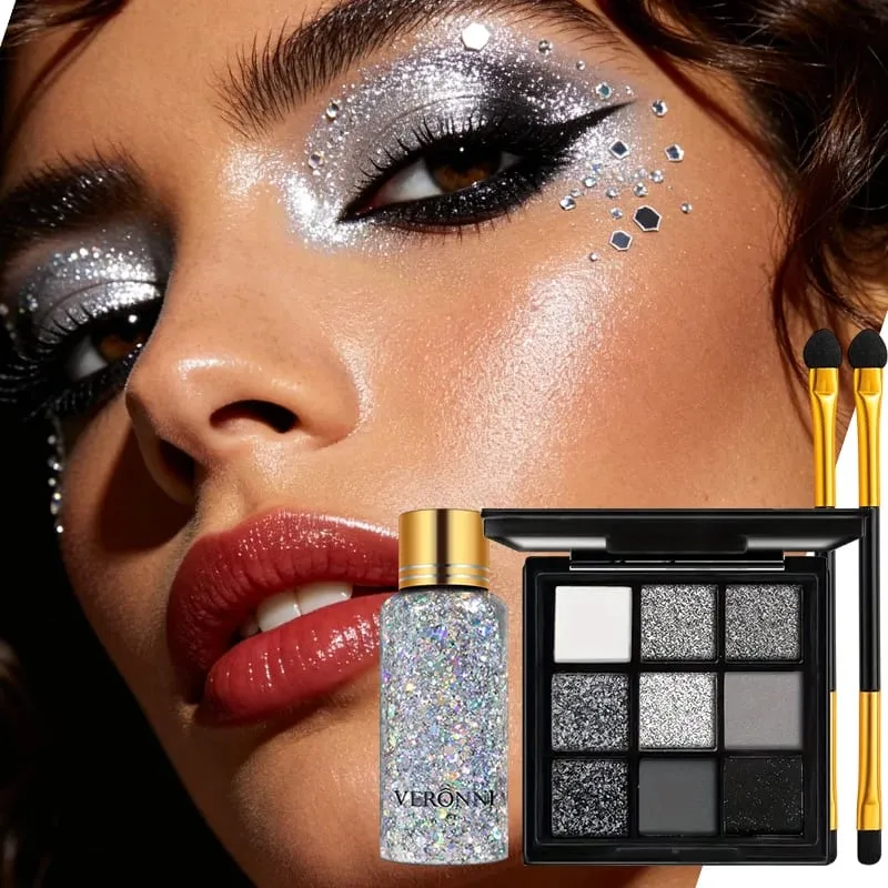 9 Colors Black Smoky Eyeshadow Palette with Holographic Glitter Sequins & Dual‑End Eyeshadow Brushes Halloween Party Makeup Kit