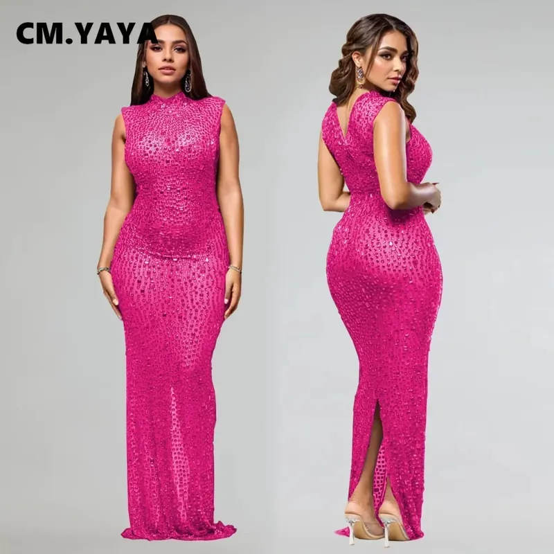 CM.YAYA 2024 Sonbahar Elmas Sıcak Rhinestones O-Boyun Kadın Kolsuz Bodycon Uzun Elbise Doğum Günü Partisi Akşam Balo Maxi Elbiseler — image 5