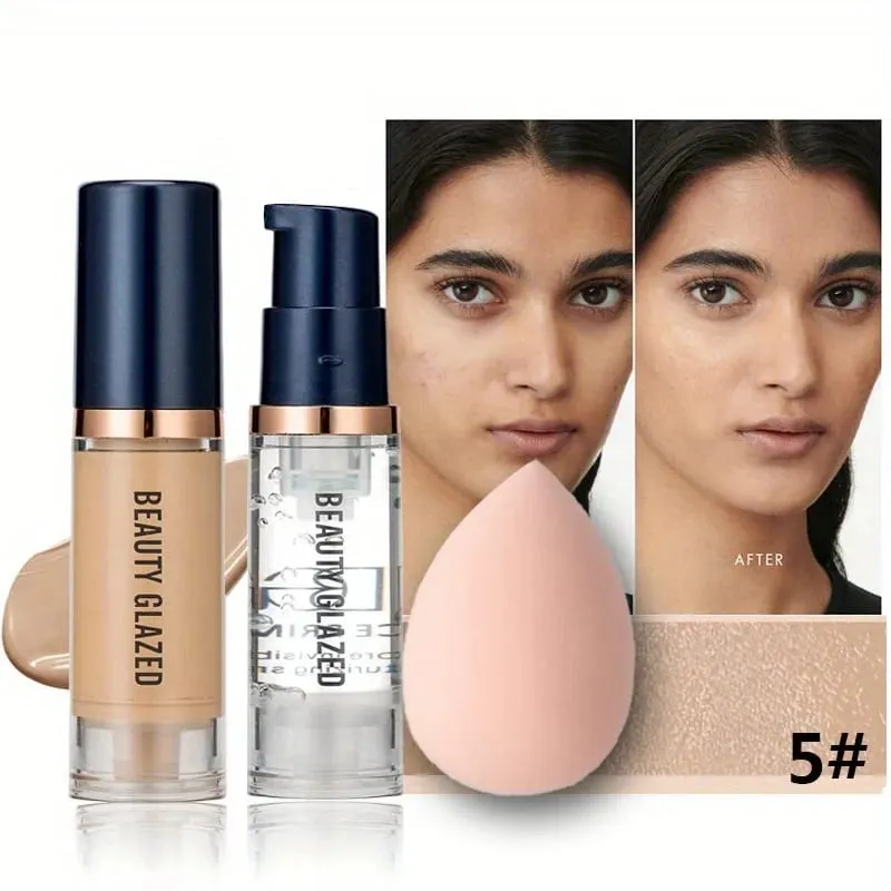 3Pcs Face Makeup Set Matte Long Lasting Waterproof Liquid Foundation+Primer+Puff
