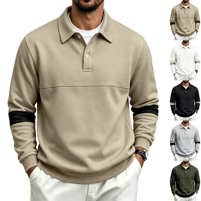 Men Lapel Polo Sweatshirt, Color Block Long Sleeve Pullover, Loose Solid Casual Top for Spring Autumn Daily Outfit — image 5