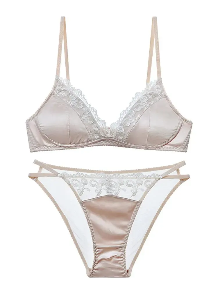 French Style Lingerie Set for Women Thin Non-Wired Triangle Cup Bra Lace & Embroidery Design