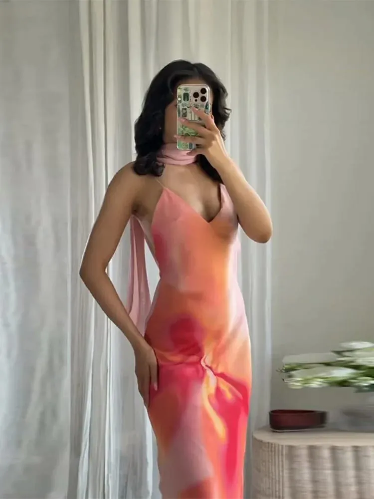Elegant Tie-dye Gradient Print Sling Long Dress With Scarf Women Holiday Sleeveless Backless Evening Dress Summer Vacation Robes