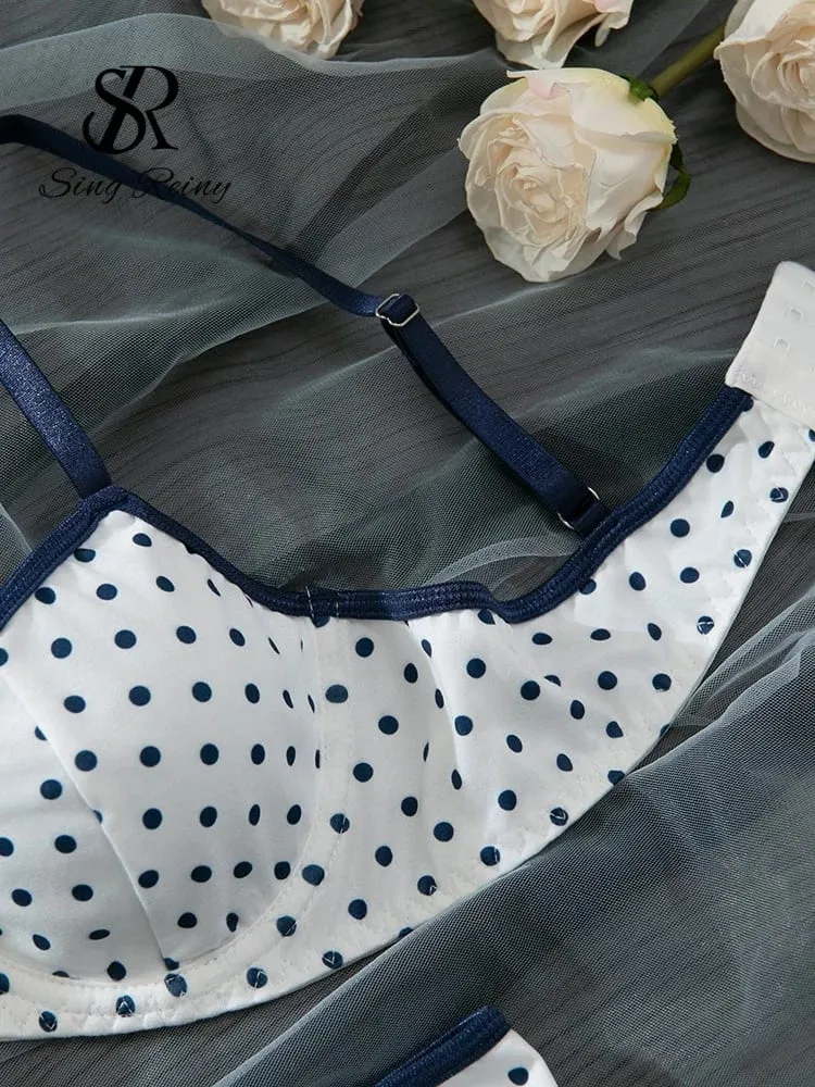 Set di biancheria intima con stampa a pois francesi Reggiseno con ferretto con cinturino da donna + slip dolci Hotsweet Biancheria intima vintage 2 pezzi