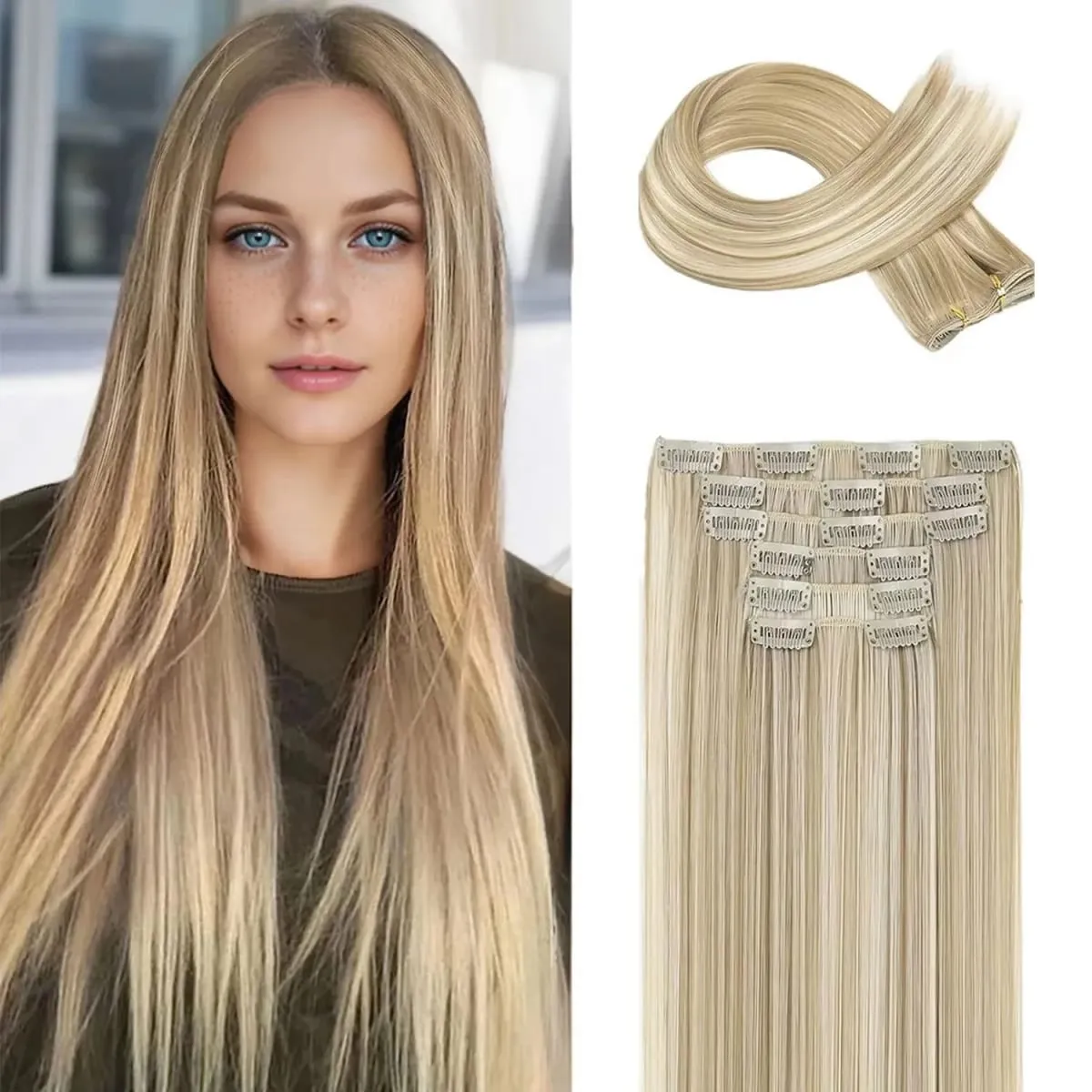 6 個のクリップインヘアエクステンション 24 インチ長さのストレート耐熱合成クリップオンヘアピース女性の日常着 — image 11