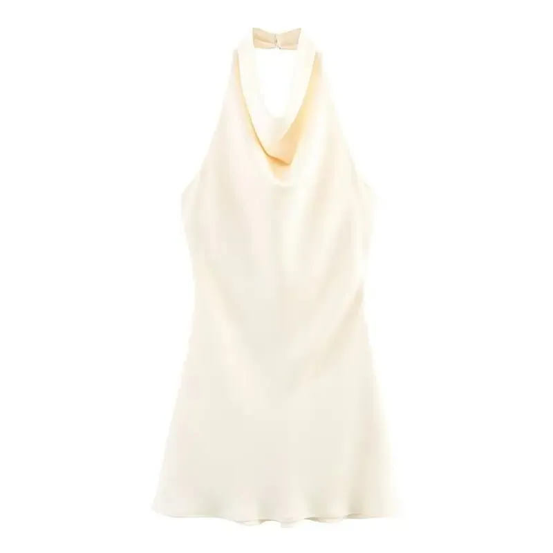 Silk Satin Texture Summer New Arrival Women's Dr Hanging Ne Collar Gown Soft A-Line Skirt High Waist Pure Color — image 2