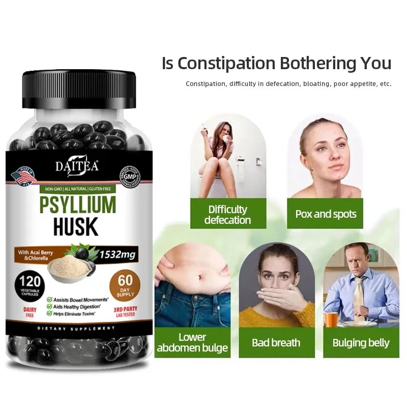 Psyllium Husk Capsules - Improve Constipation Accelerate Metabolism Nutrient Digestion Intestinal Health for Adult Men &Women