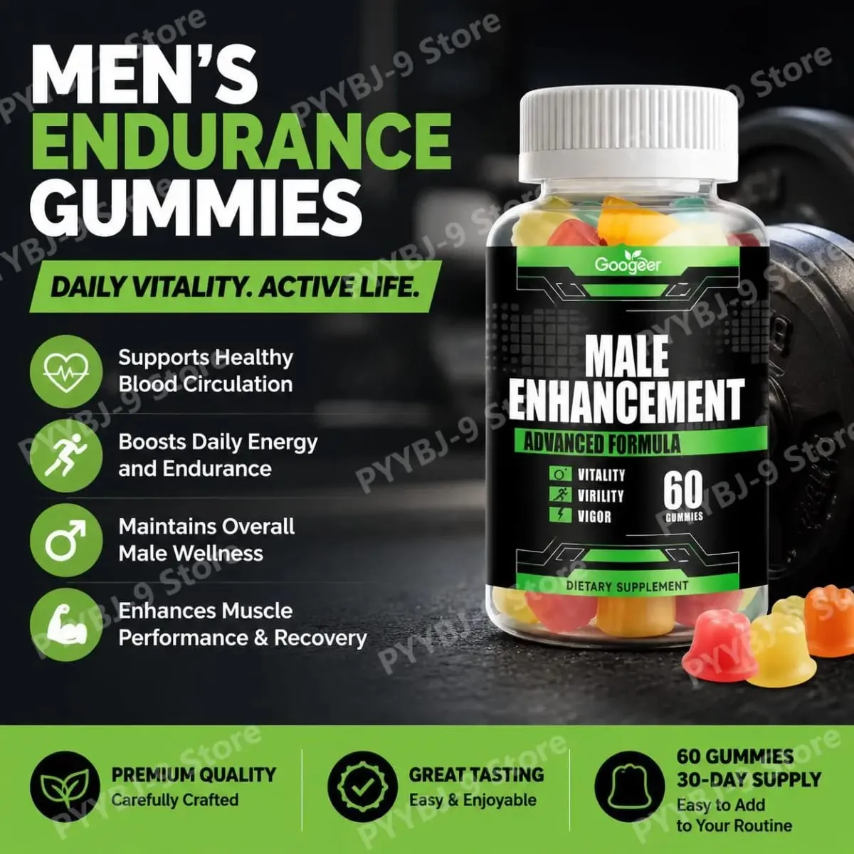 Googeer Men's Endurance Gummies Energy and Vitality Support Blood Flow & Post Training Muscle Recovery Support 60 Count