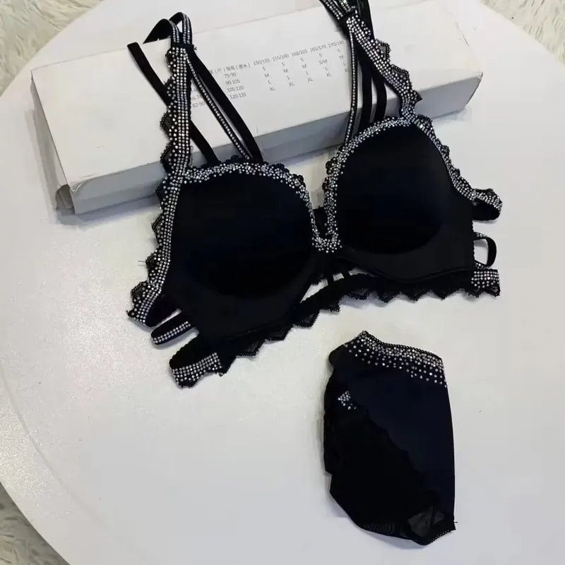 (Bralette For Small Breasts) New Rhinestone Leopard Print Thickened Lingerie Small Breasts Gathering Hollow Out Women's Bra Set — image 2
