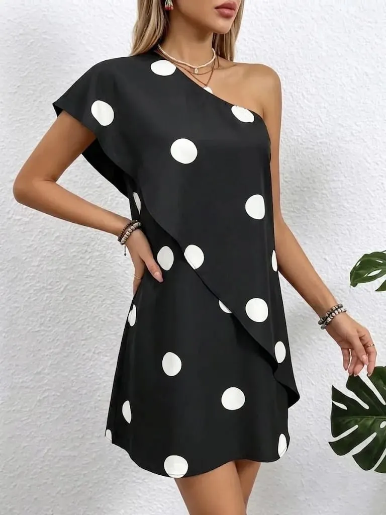 Ladies Elegant Casual Simple Polka Dot Print Ruffle Hem Dress Women's Fashion Round Neck Short Sleeve Dress