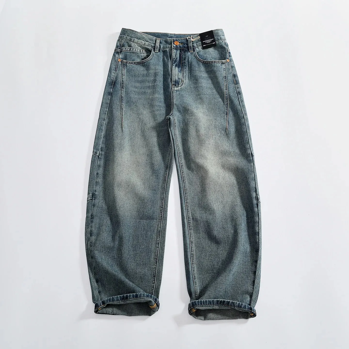 Retro distressed whiskering jeans for men three-dimensional split silhouette wide-leg loose denim trousers