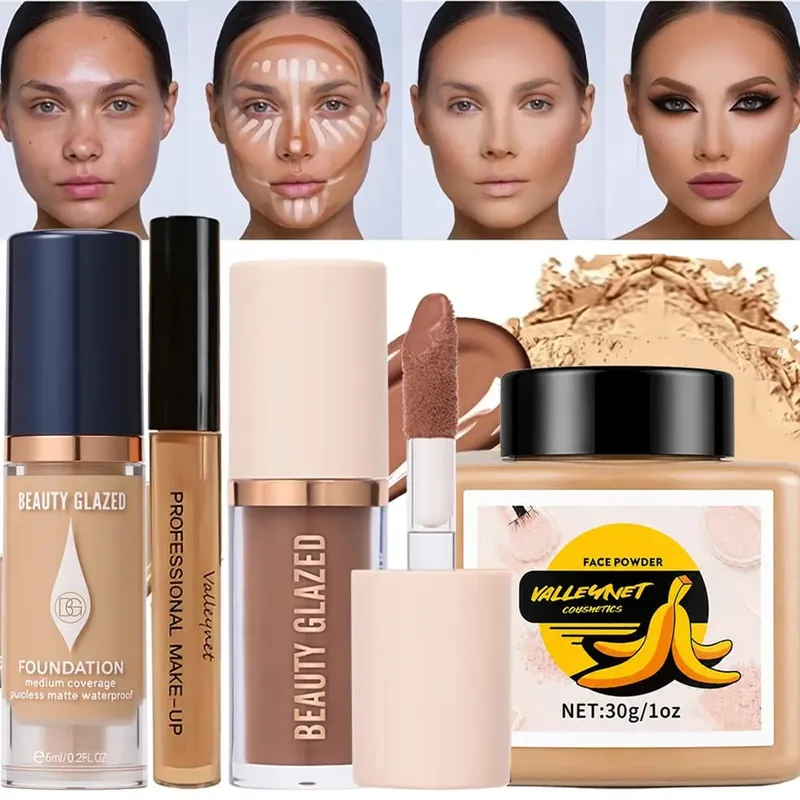 4pcs Face Makeup Set:High-Coverage Concealer Lightweight Foundation 3D Contouring Cream And Oil-Controlling Setting Powder
