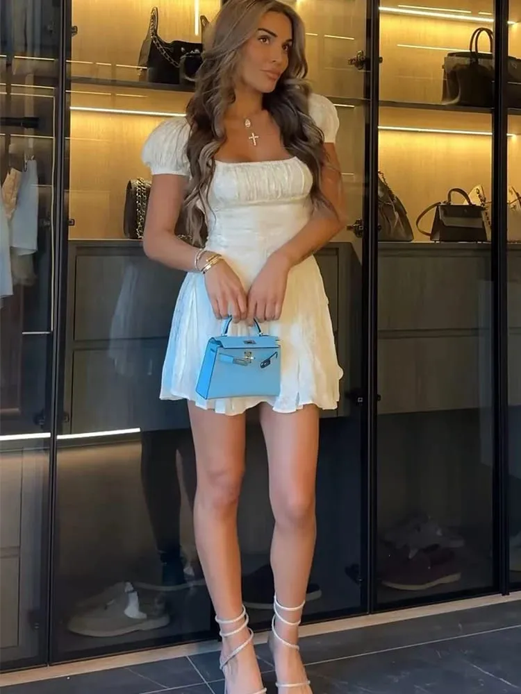 New 2026 Women Mini Dress Square Collar Puff Short Sleeve A Line Dresses Elegant Slim Fit Bandage Party Summer Clothing