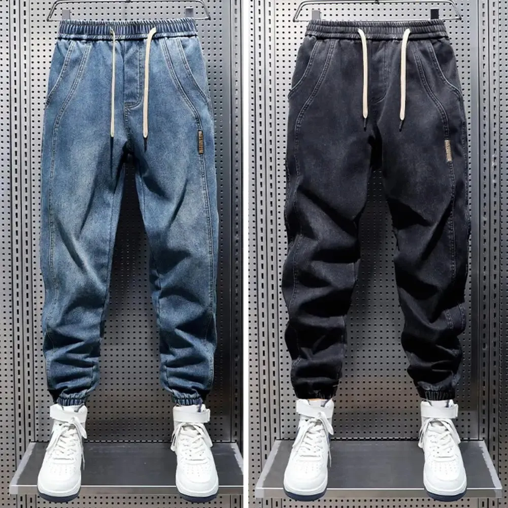 Harem Jeans with Leg Bindings Pockets Elastic Waist Adjustable Drawstrings Men Jeans Solid Color Street Style Jogger Pants