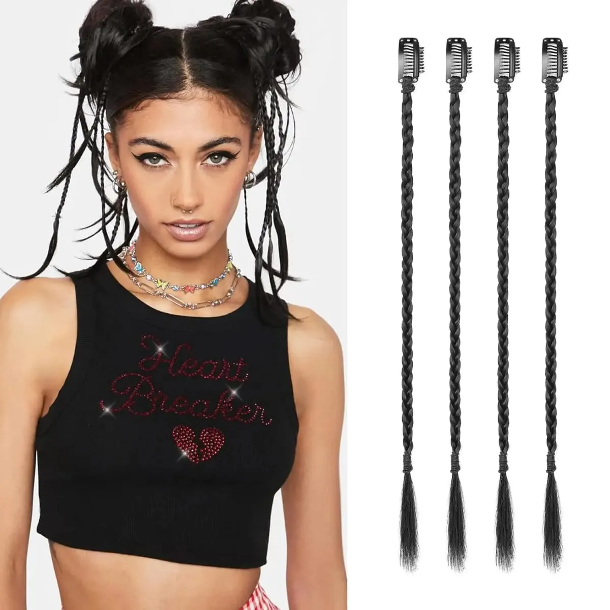 4pcs Synthetic Box Braids Clip In Hair Extensions K-POP Long Hair Braid Extensions For Party Use Y2K Hair Accessories
