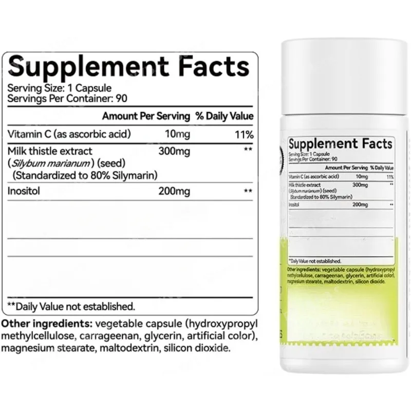 Mjölktistelextrakt 300 mg kapslar med vitamin C Inositol örttillskott 90 kapslar icke-GMO glutenfria