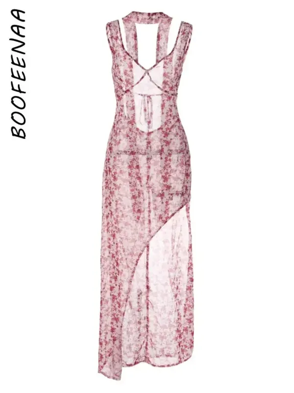 Sexy Asymmetrical Halter Backless Long Dresses Floral Print Chiffon Beach Vacation Summer Dress Womens 2023 C15-CI16 — image 7