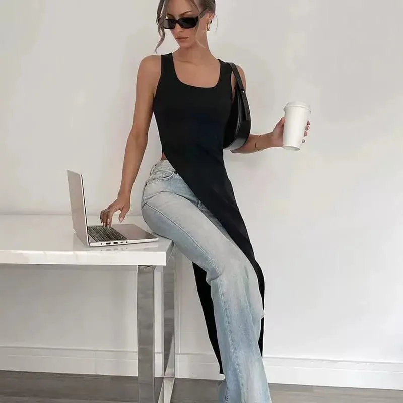 Sexy sleeveless side high slit dress solid color back free women's MIDI dress summer party club streetwear y2k