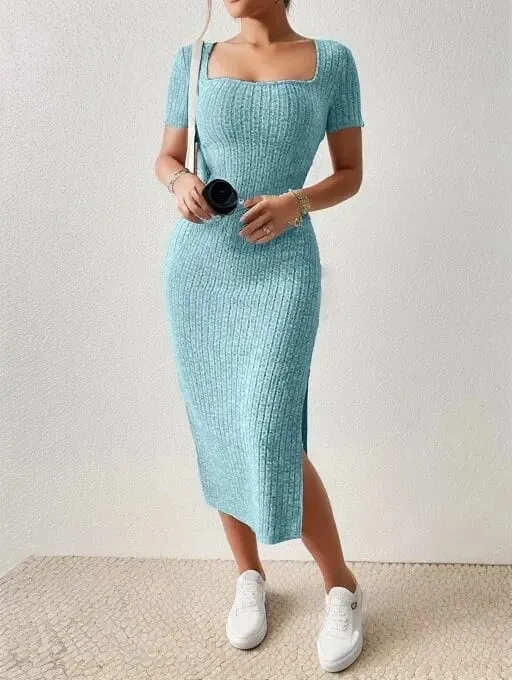 Summer Square Neck Hip-Hugging Mid-Length Skirt Short-Sleeved Versatile Knitted Slit Dress