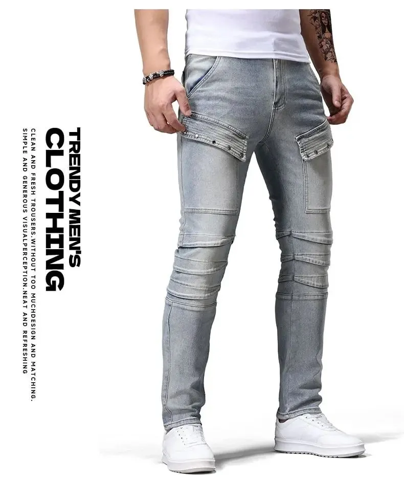 Retro Motorcycle Denim Jeans Men's Trending Patchwork Handsome Slim Fit Long Pants Fashion Board Straight Leg Jeans Denim Pants