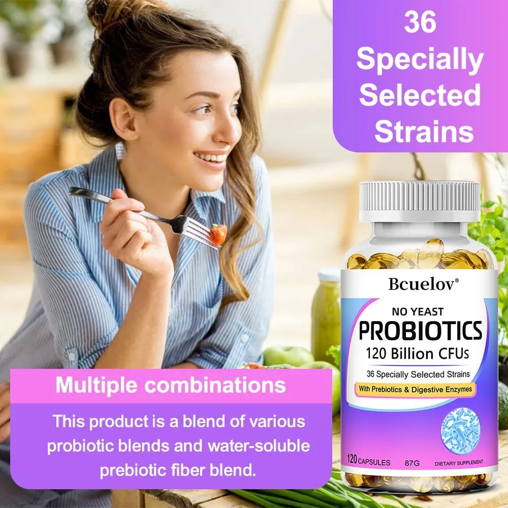 Probióticos 120 mil millones de UFC con prebióticos y enzimas digestivas Apoya la digestión Flora intestinal Alivio de la hinchazón y salud inmune