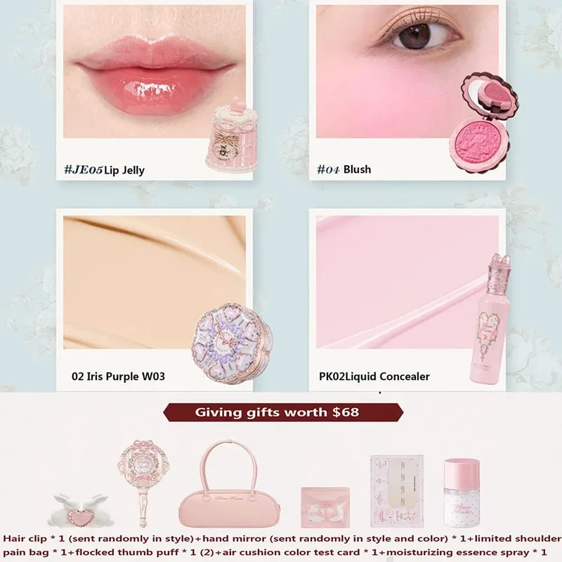 Flower Knows Makeup Gift Set Lip Cream Blush Cushion BB Cream Brightening Concealer Hydrating Essence & Cosmetic Bag All-in-One