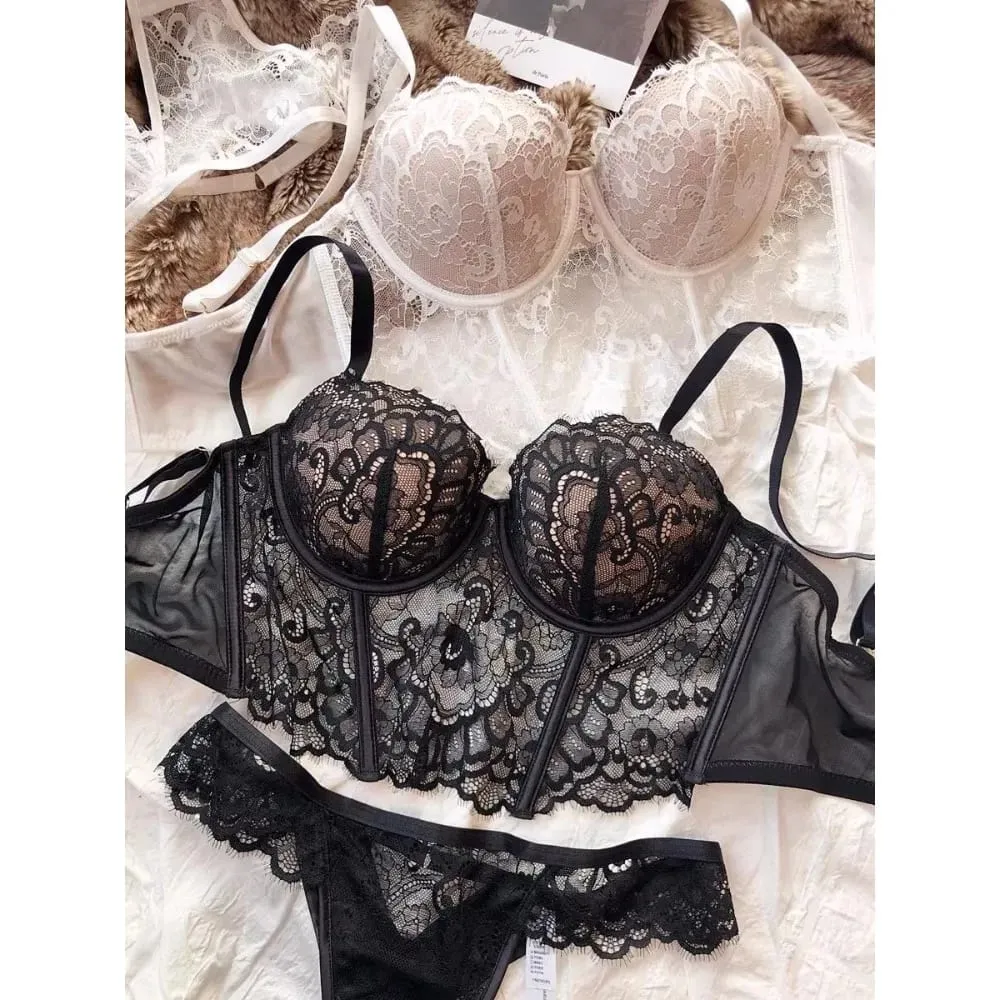 Women French Lace Fishbone Bra Soft Underwire 3/4 Cup Push‑Up Anti Sag Lingerie Slim Side Boob Control Sexy Ladies Underwear