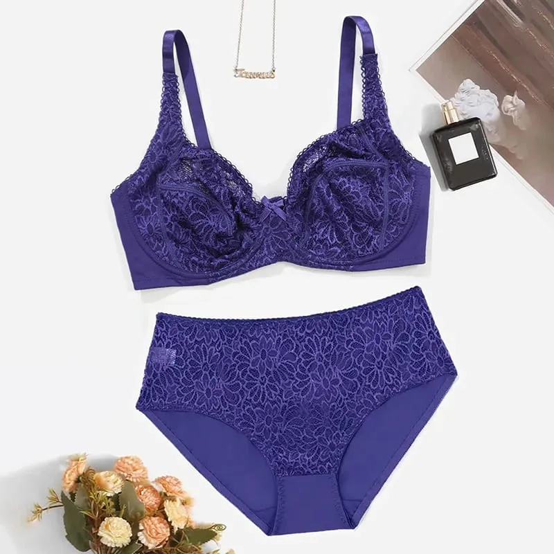 Female Big Size Lace Lingerie Set Bra with Wire Unlined Thin Breathable Bra and Panties Set 85C-110E — image 9