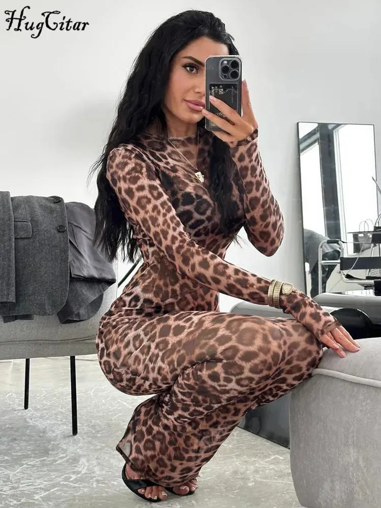 Hugcitar Leopard Print Mesh Long Sleeve Sexy Slim See Through Maxi Dress Fall Women Fashion Outfits Beach Vacation Club