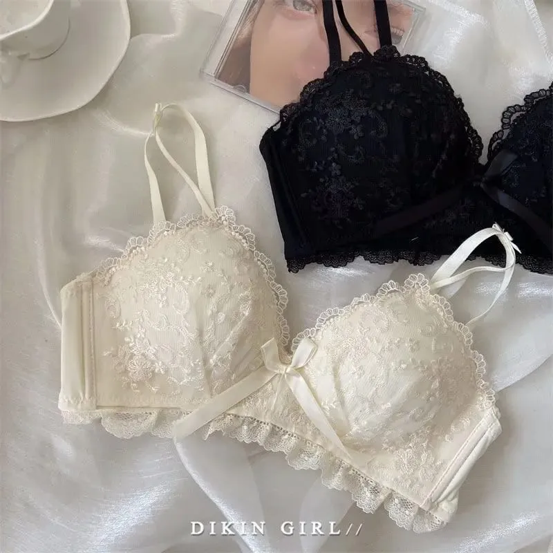 Ensemble de soutien-gorge brodé en dentelle, Sexy, avec petite poitrine froncée, accessoire de Collection, seins sans jantes en acier, ensemble de sous-vêtements