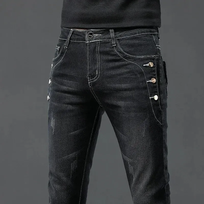 Men's Vintage Jeans Designer Korean Fashion Snowflake Wash Stretch Straight Pencil Pants Classic Slim Male Denim Trousers