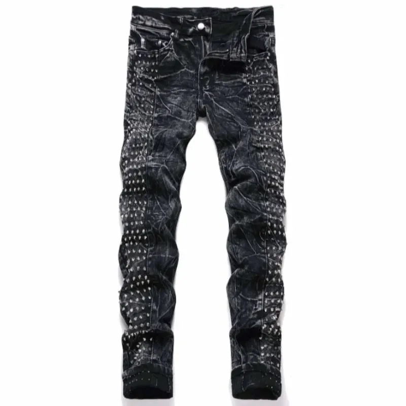 2025 Empat Musim Baru Retro Punk High Street Bergaya Hitam Dicuci Lapuk Pelangsingan Badan dan Willow Nail Lapuk Seluar Jeans Lelaki