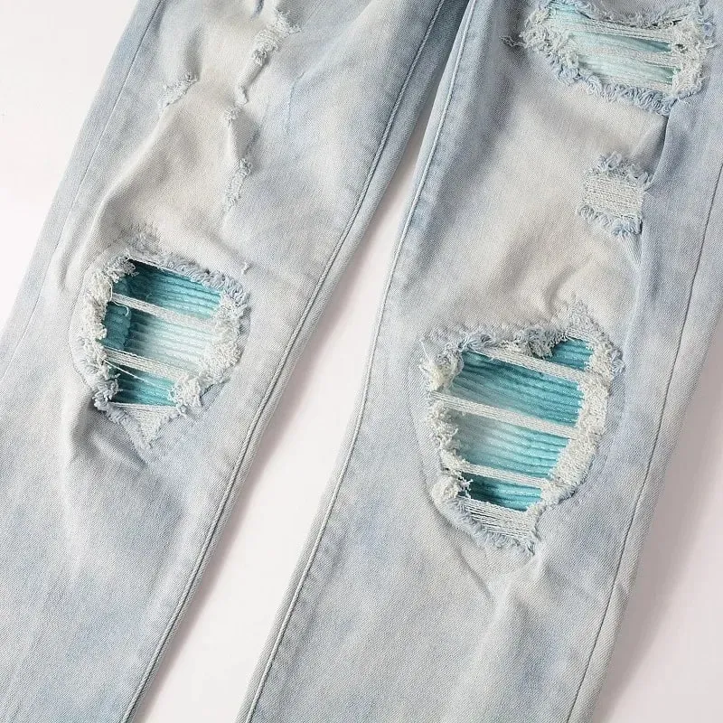 Hole Pencil Pants Men Washed Distressed Patchwork Jeans Low Waist 2024 Vintage Basics Ankle Length Trousers Skinny Denims — image 2