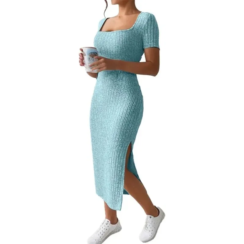 Summer Square Neck Hip-Hugging Mid-Length Skirt Short-Sleeved Versatile Knitted Slit Dress
