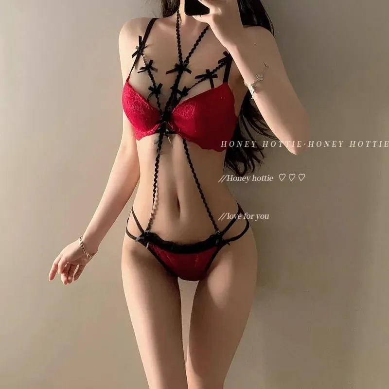 Aesthetic Purple Bow Necklace & Bra Set - Low Saturation Matching Lingerie Push Up Bra & Adjustable Necklace for Women MOYISU