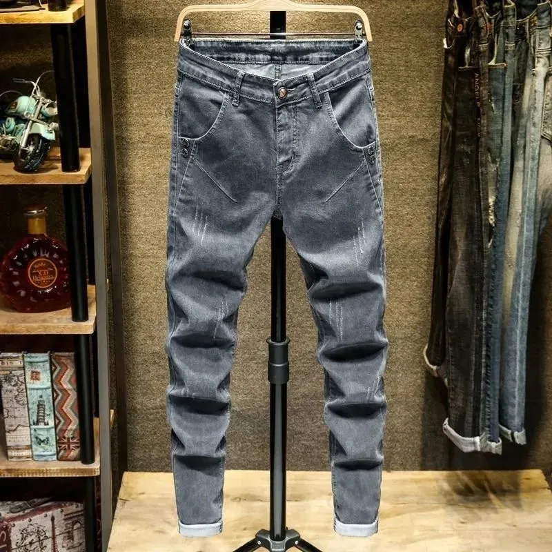 Spring and Autumn Trend Solid Color Straight Leg Stretch Denim Jeans Men's Casual Slim Fit Comfortable Sports High-Grade Jeans