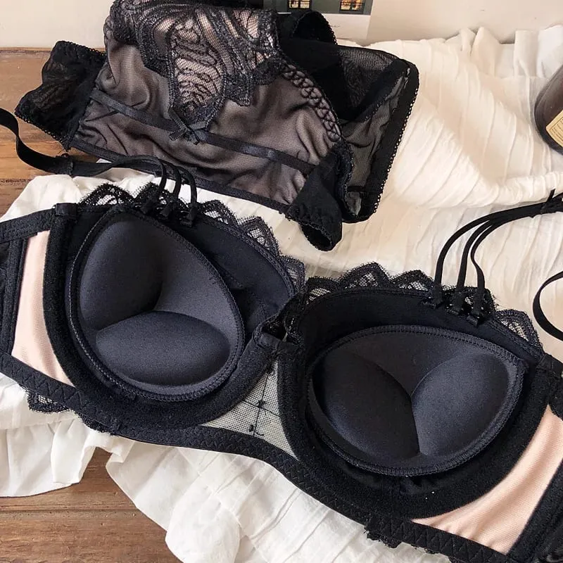 Sexy Embroidery Lace Shell Half Cup Small Breasts Push Up Bra Set Thicken Adjustable Pad Brassiere Panties Girls Underwear