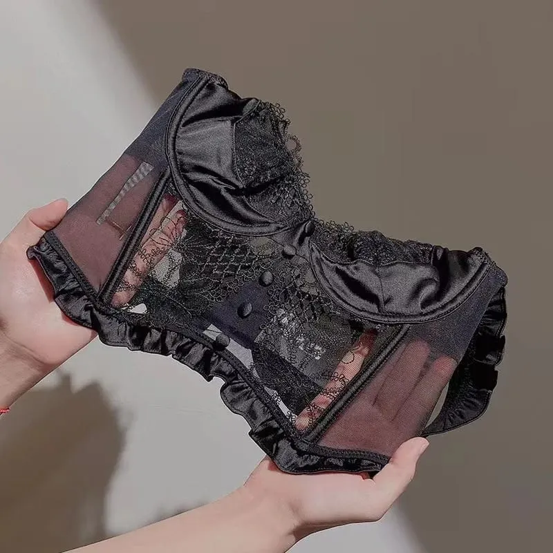 Yeni uçan omuz yelek düğmesi dantel dikiş sutyen güzel omuz iç çamaşırı seti kadın bralette küçük göğüs iç çamaşırı gösterir
